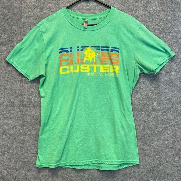 Custer State Park T-Shirt Women's Large Green Crew Neck Short Sleeve Buffalo EUC - Picture 1 of 10